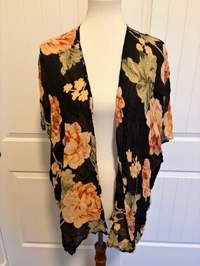 Black Floral Kimono with Peach and Green Blooms